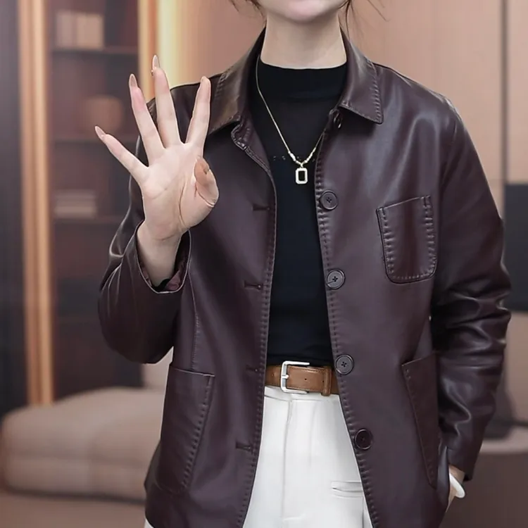 海宁皮衣外套女2025秋季新款洋气时尚翻领宽松休闲短款百搭皮夹克