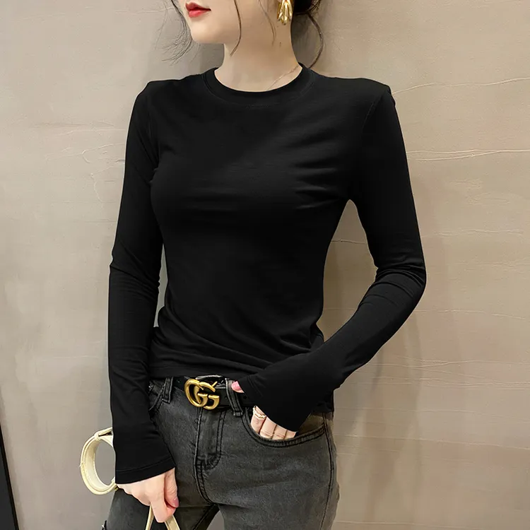 黑色正肩长袖T恤女春秋冬新款紧身洋气打底衫莫代尔感别致上衣潮