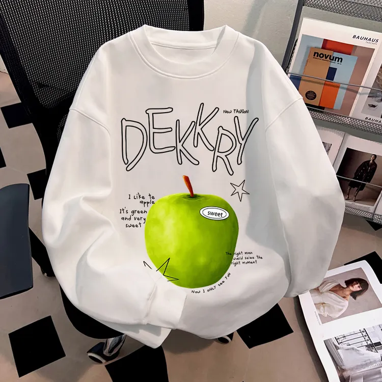 Dekkry潮牌日系创意青苹果印花t恤秋冬季纯棉长袖男女ins港风上衣