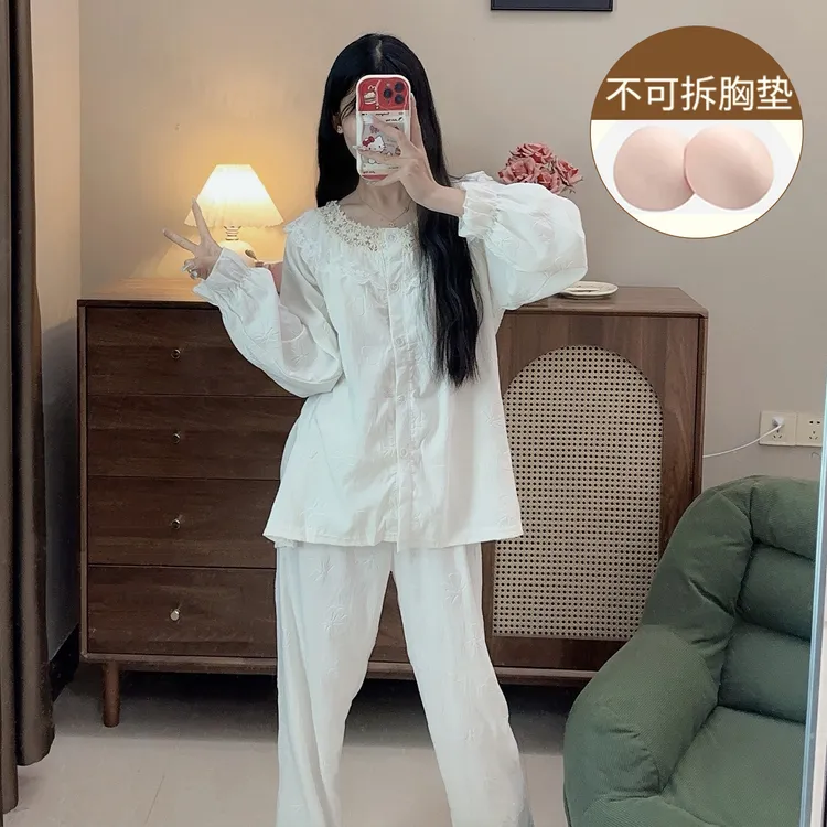带胸垫一体式睡衣女春秋季甜美公主风少女秋天可外穿家居服套装薄
