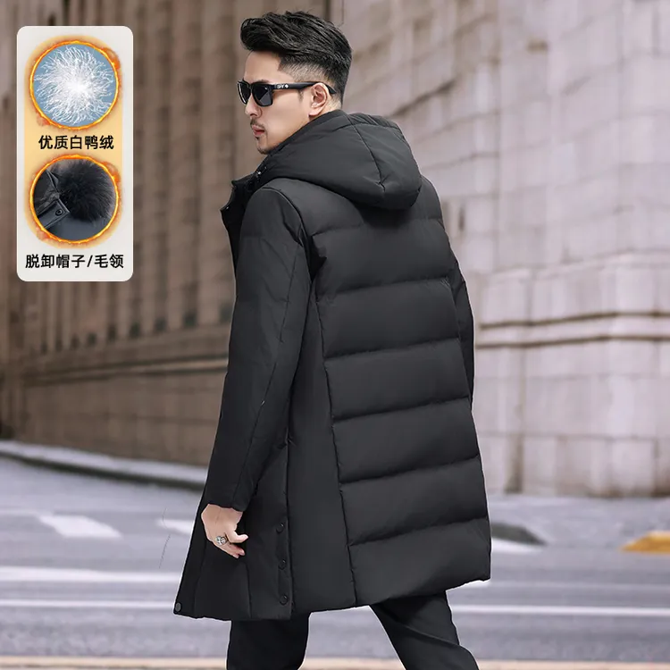 中长款男士羽绒外套大码保暖可拆卸帽外套加厚户外连帽羽绒服男装