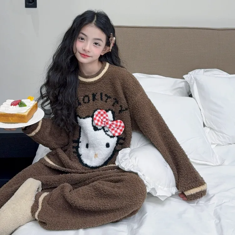 女童加厚保暖睡衣秋冬2025新款女大童冬季珊瑚绒半边绒家居服套装