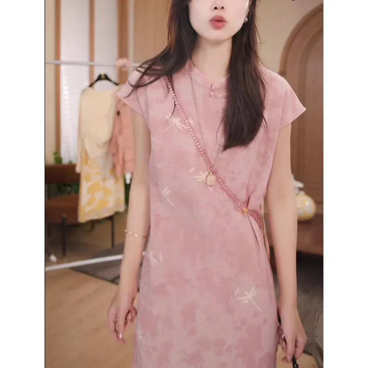 印花装饰时尚气质女人短袖中长裙女新中式优雅气质百搭外穿连衣裙