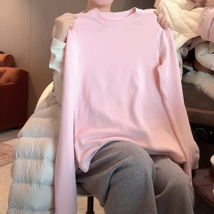 【赵露思同款】韩系百搭圆领亲肤设计感拼接线条打底加厚长袖T恤女