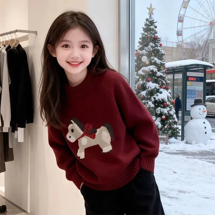 冬季男女童红色小马刺绣毛衣加厚保暖新年打底针织衫韩版百搭洋气