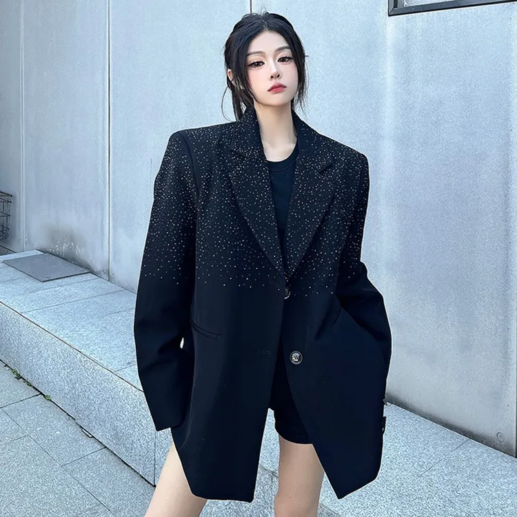 烫钻西装外套女独特超好看满天星宽松慵懒风黑色西服长袖气质时尚