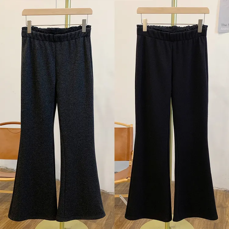 C5301加绒微弹蕾丝边松紧腰喇叭裤