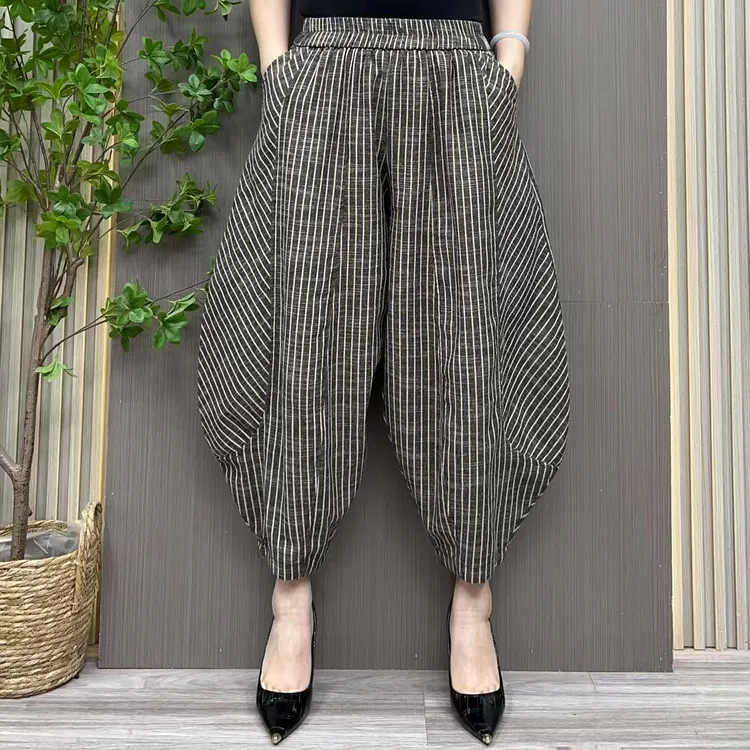 【米代尔】S6580#条纹大版宽松有范遮肉日系慵懒风女裤九分哈伦裤