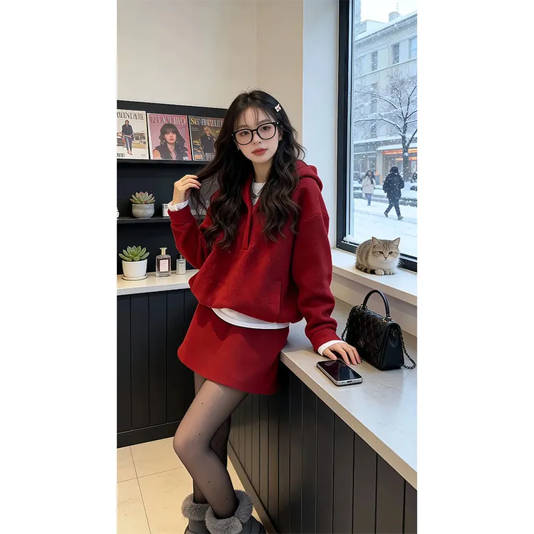 韩系秋冬穿搭一整装女洋气慵懒时尚加厚毛呢连帽卫衣半身裙两件套