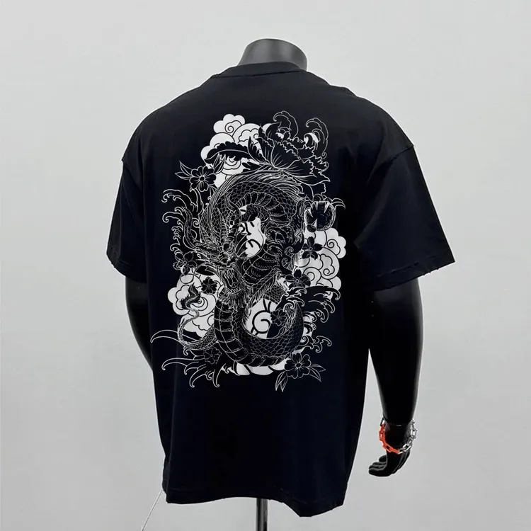 230克夏季纯棉国风浮世绘龙短袖t恤男宽松上衣百搭圆领男士T恤