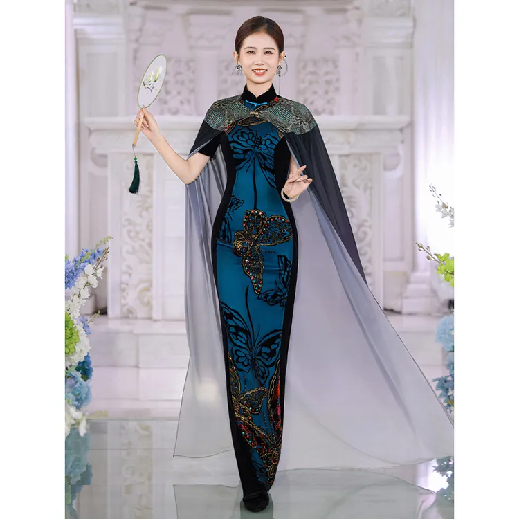 十里锦绣高端丝绒蝴蝶重工钉珠旗袍走秀长款中国风2025年新款礼服