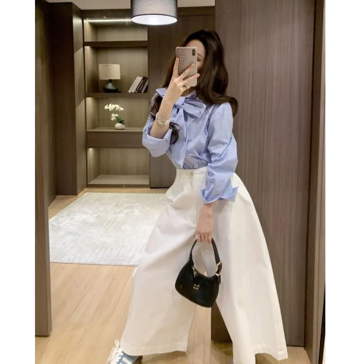 女神范2025新款高级感格子气质洋气长袖上衣小众时尚显瘦白色裤子