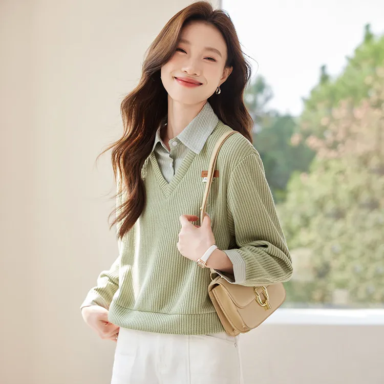 polo领衬衫拼接假两件长袖卫衣女2025春秋季时尚休闲百搭翻领上衣