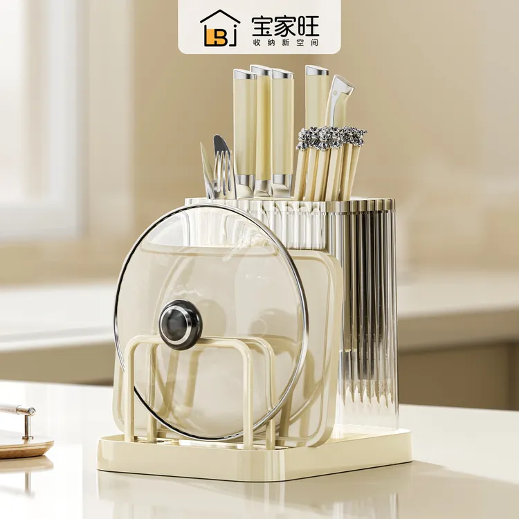厨房刀架置物架台面多功能家用放锅盖筷子沥水砧板刀具一体收纳架