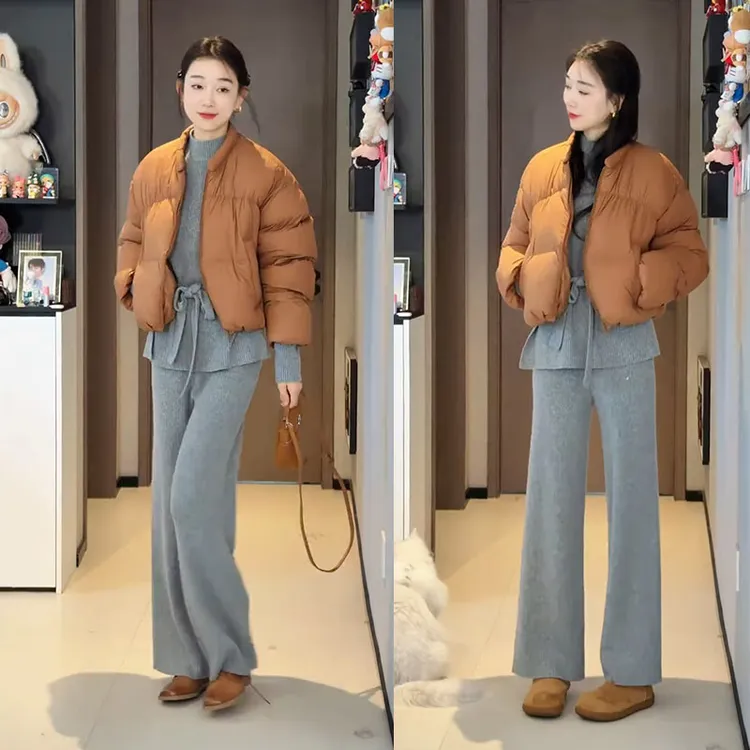 秋冬季搭配一整套慵懒风套装气质系带上衣短款棉服休闲裤三件套