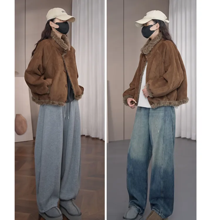 硕哥休闲短款气质复古百搭毛领麂皮绒糕糕毛外套 24096