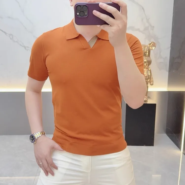 2025欧货轻奢男士针织冰丝短袖T恤男POLO剪刀领纯色百搭夏季上衣