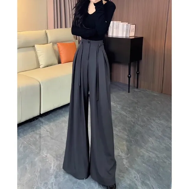 高腰绑带马面阔腿西装裤2025春季新款女宽松垂感系带休闲 拖地裤