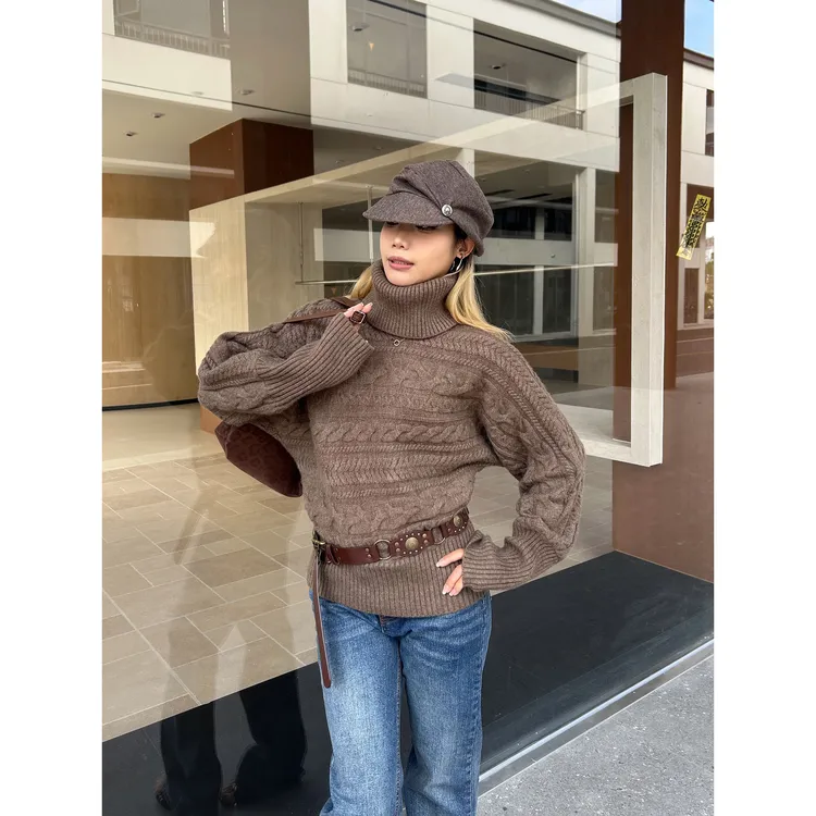 慵懒风可拆卸围脖高领麻花毛衣女宽松氛围感保暖显瘦短款针织衫潮