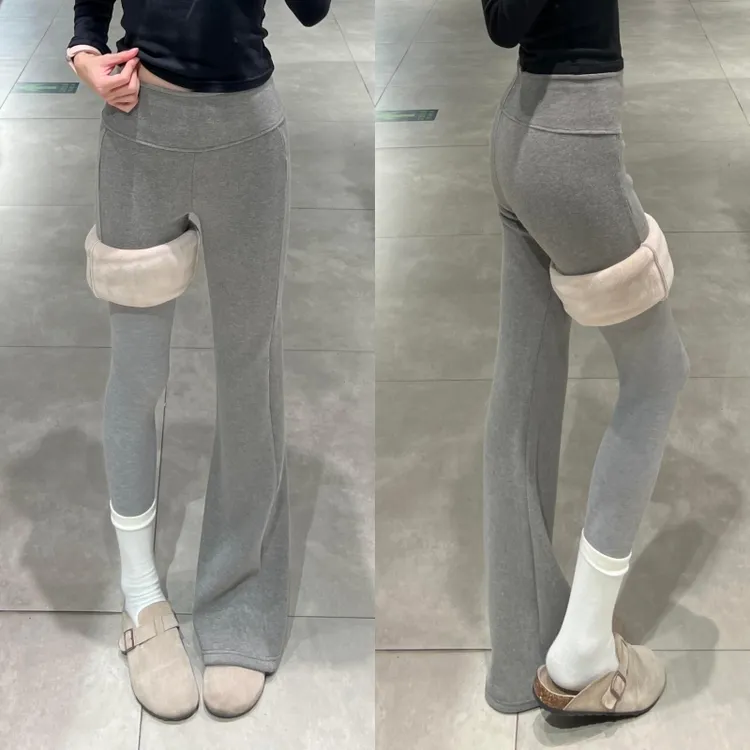 浅灰色lulu羊羔绒低腰微喇叭裤女秋冬季2025新款显瘦运动休闲长裤
