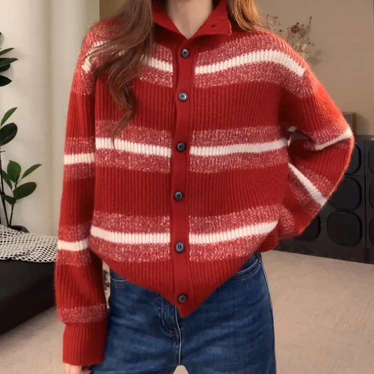 韩系复古立领条纹毛衣外套女秋冬新款慵懒风软糯别致针织开衫上衣