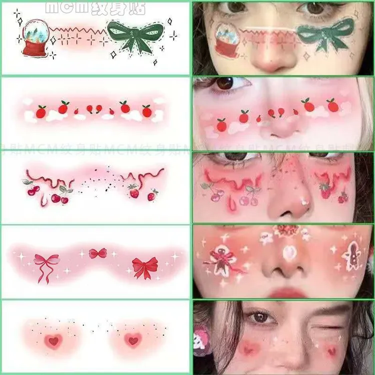 圣诞节妆容脸贴纹身贴 甜心少女氛围感蝴蝶结卡通腮红妆COS派对
