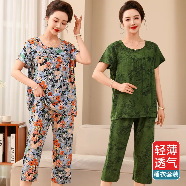 棉绸睡衣女套装夏季中老年人妈妈四十支绵绸短袖棉家居服套装大码