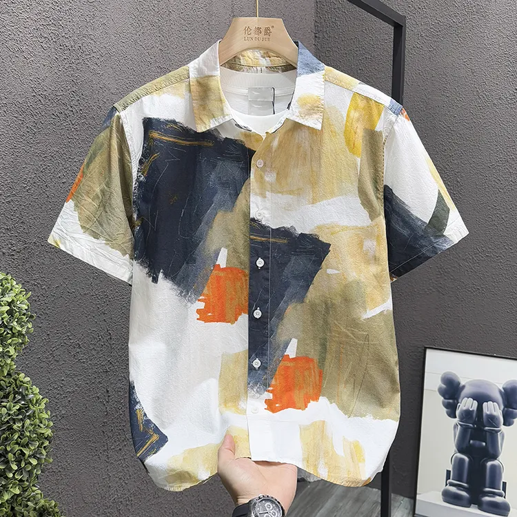 夏季新款潮流日系印花清新短袖衬衫男士时尚百搭文艺休闲宽松上衣