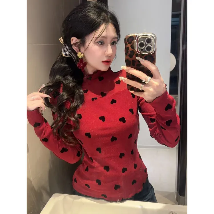 魏婉婉 2025爱心植绒加厚高领打底衫女内搭秋冬网纱性感长袖T恤