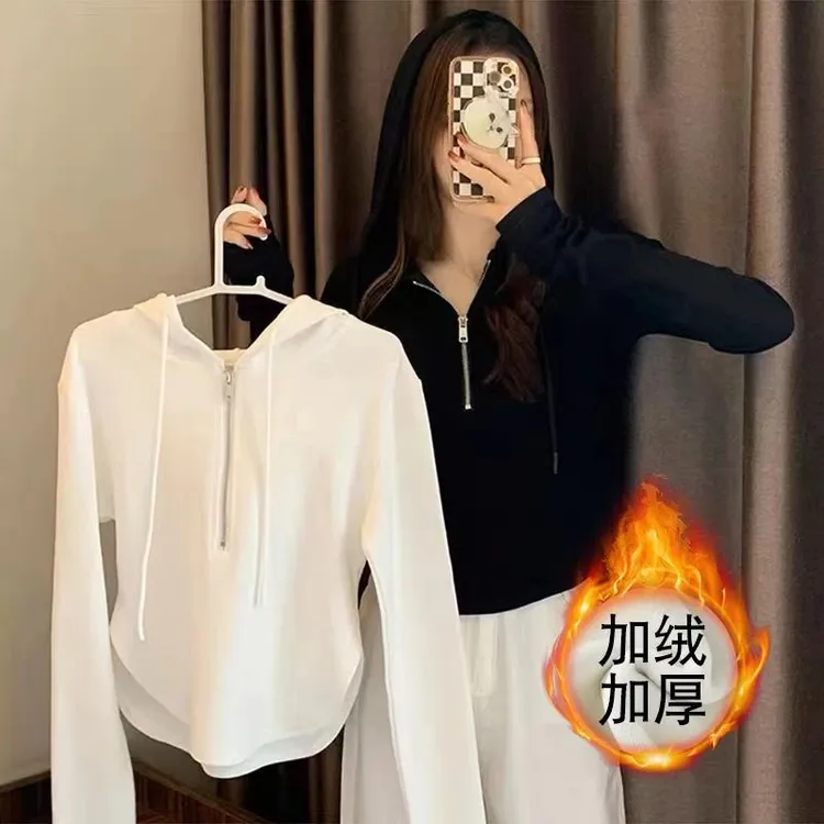 秋冬新款加绒连帽长袖卫衣女设计感小众短款上衣小个子内搭打底衫