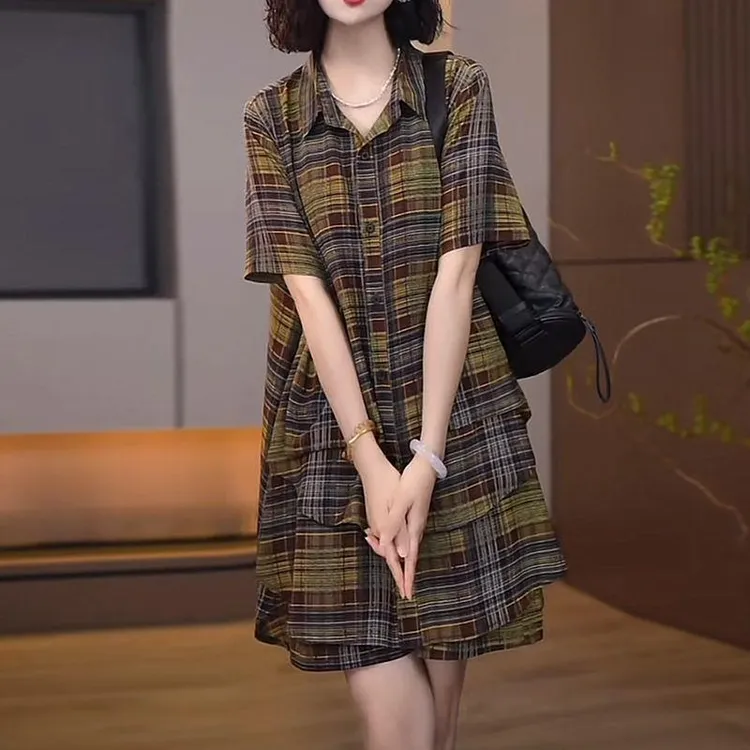 2025夏季新款女士时尚大码格子衬衫套装松弛感休闲短袖短裤两件套