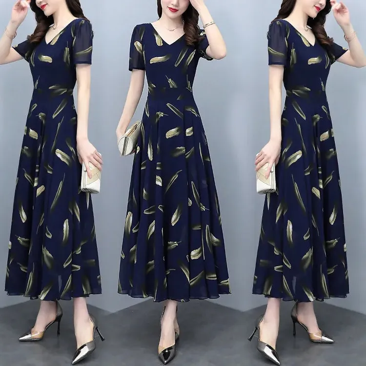 2024夏季新款雪纺碎花连衣裙大码女装胖妹妹收腰显瘦遮肚长裙子