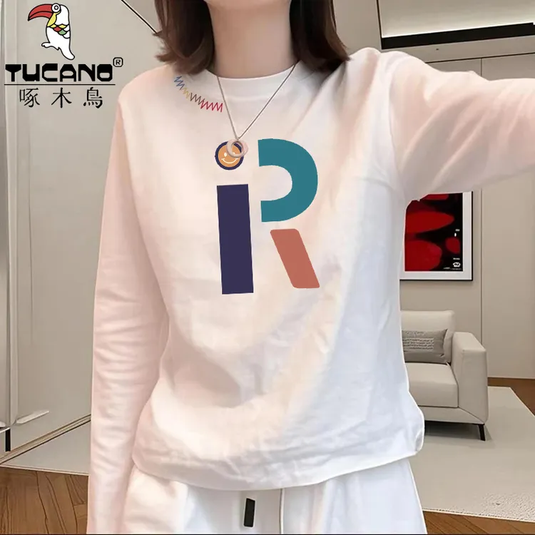 啄木鸟纯棉长袖T恤女装高级感新款秋宽松圆领别致休闲打底衫上衣