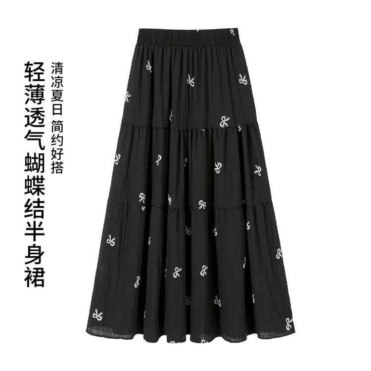 她池2025夏季新款女松紧腰撞色蝴蝶结中长A字宽松半身裙T52X2449B