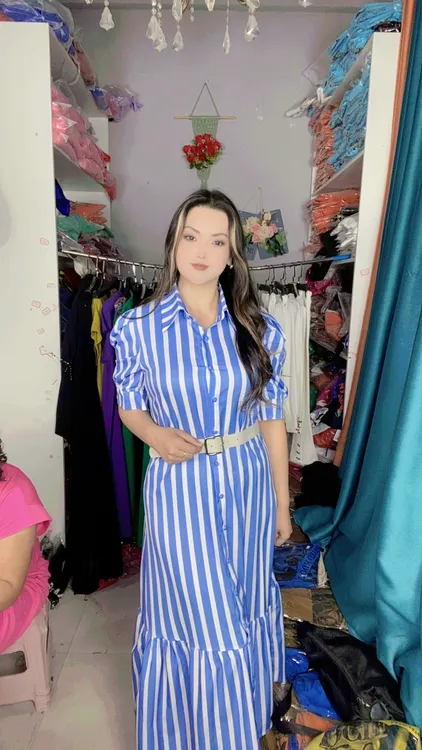 跨境新品欧美气质通勤长款短袖大摆连衣裙 配腰带