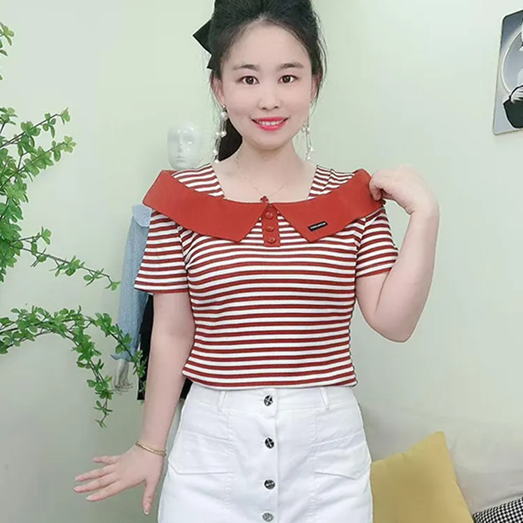 高含棉韩版时尚气质拼接条纹短袖t恤女2025夏季新款修身显瘦上衣