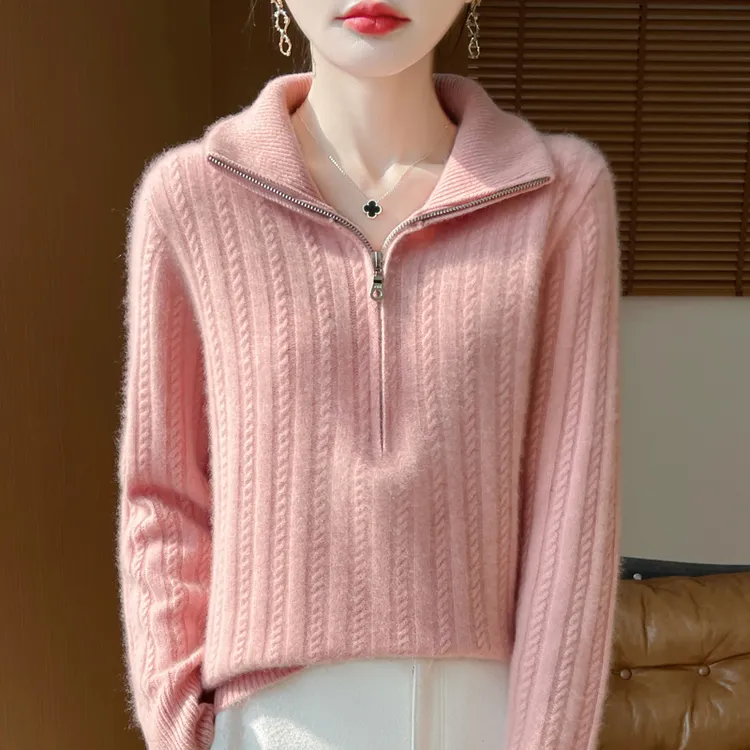 红人上新2025秋冬新款100%羊毛衫半拉链翻领时尚减龄厚款针织衫女