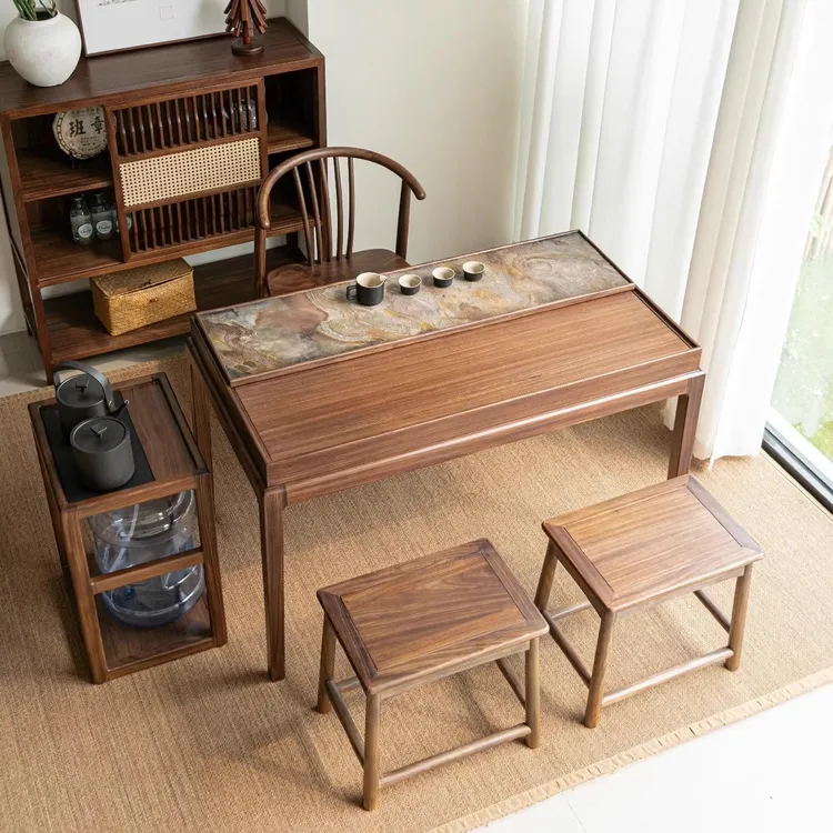 北美黑胡桃木新中式实木家用阳台收纳茶台茶桌高端客厅小户型茶桌