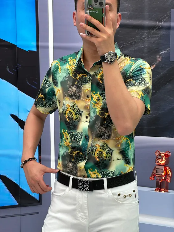 新款夏季免熨烫抗皱无缝男士高端大气商务休闲桑蚕丝印花短袖衬衫