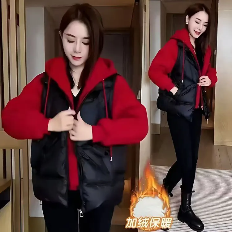 假两件棉服女爆款加绒加厚洋气拼接棉袄妈妈高端冬季棉衣棉袄外套