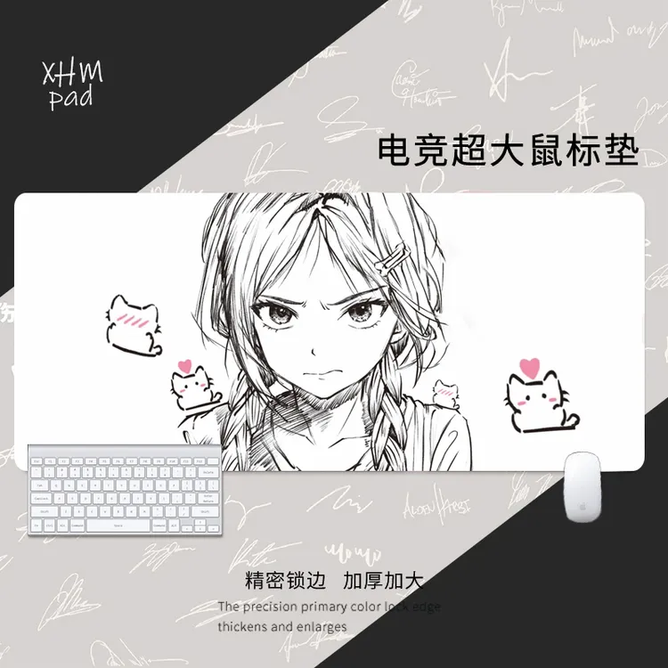 kuroha欲语鼠标垫超大黑白线条女孩电竞游戏滑鼠垫学生书桌键盘垫