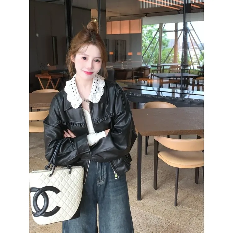 韩系chic黑色短外套女秋小个子高级感宽松气质名媛风短款皮衣夹克