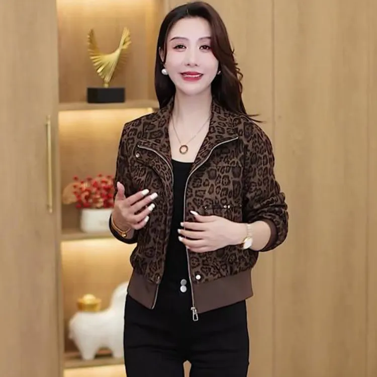 秋季时尚豹纹短外套女2025新款小个子洋气质宽松显瘦百搭夹克上衣