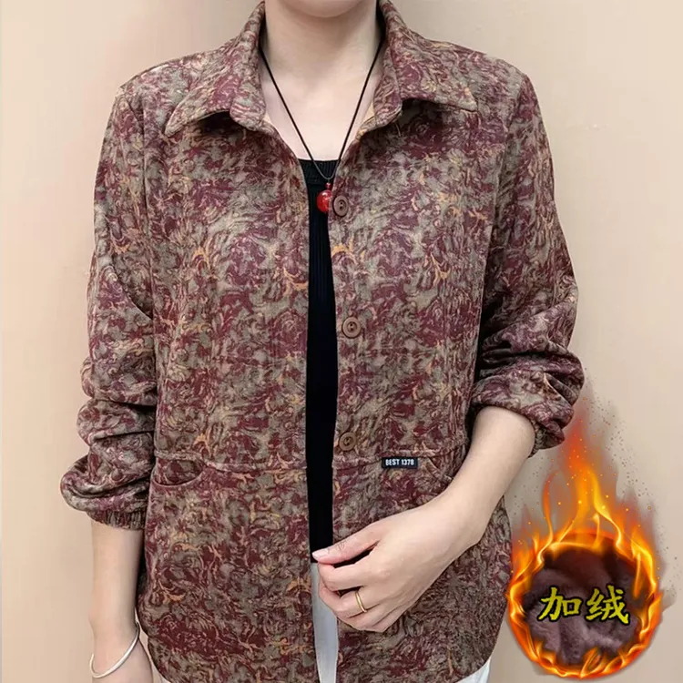 秋冬季中老年女装复古碎花长袖外套洋气加绒款翻领夹克休闲小棉衣