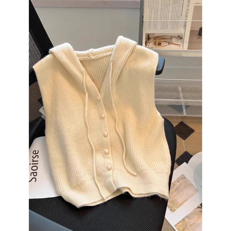 连帽开衫无袖针织马甲外套2025秋冬新款女别致设计感小众叠穿上衣