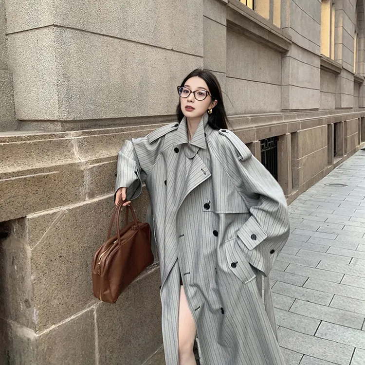 【交个朋友专属】双排扣条纹风衣外套宽松高级感系带廓形中长款大衣