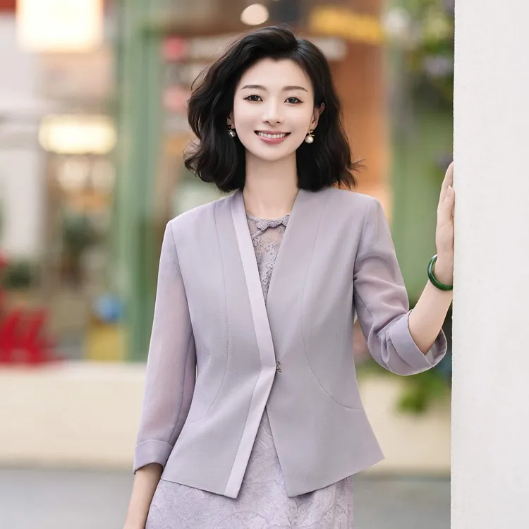 西子/【迷雾玫瑰】醋酸叶脉格绞综立体剪裁灰紫色西装外套/WTTJ252