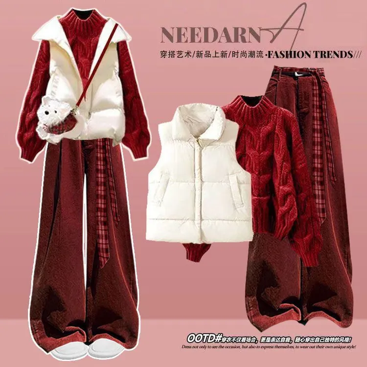 秋冬穿搭一整套女韩版宽松红色针织毛衣+棉马甲高腰休闲裤三件套