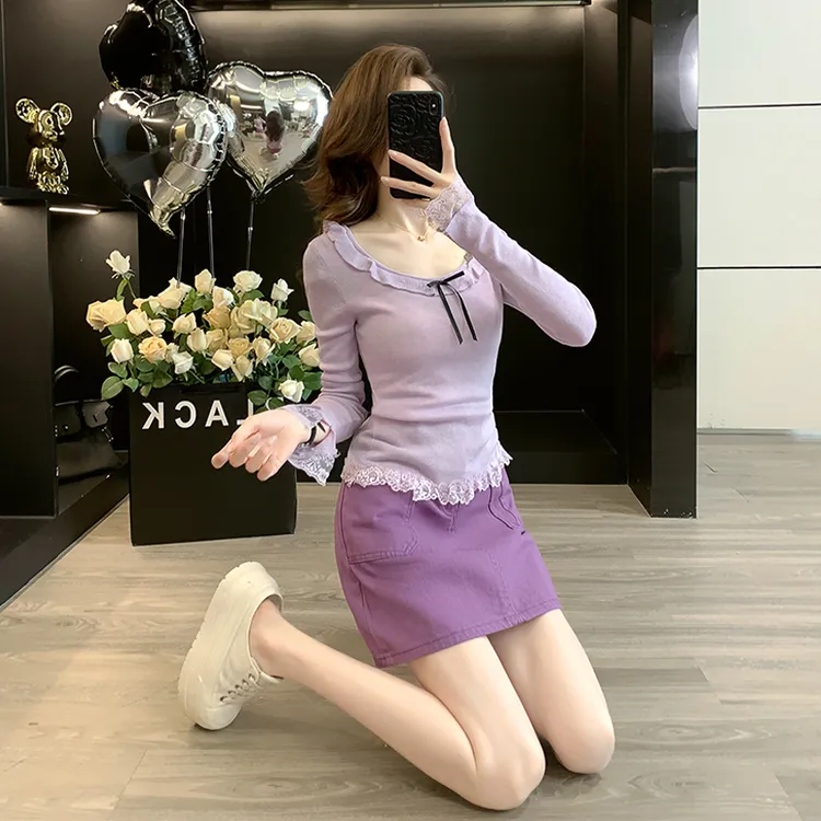 2025秋季新款气质蕾丝打底衫长袖显瘦高腰牛仔短裙时尚减龄套装潮