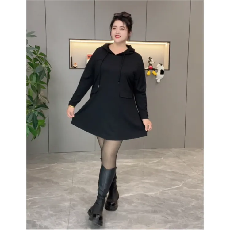 秋季新款大码女装宽松休闲连帽A版卫衣裙胖妹妹遮肚子显瘦9663
